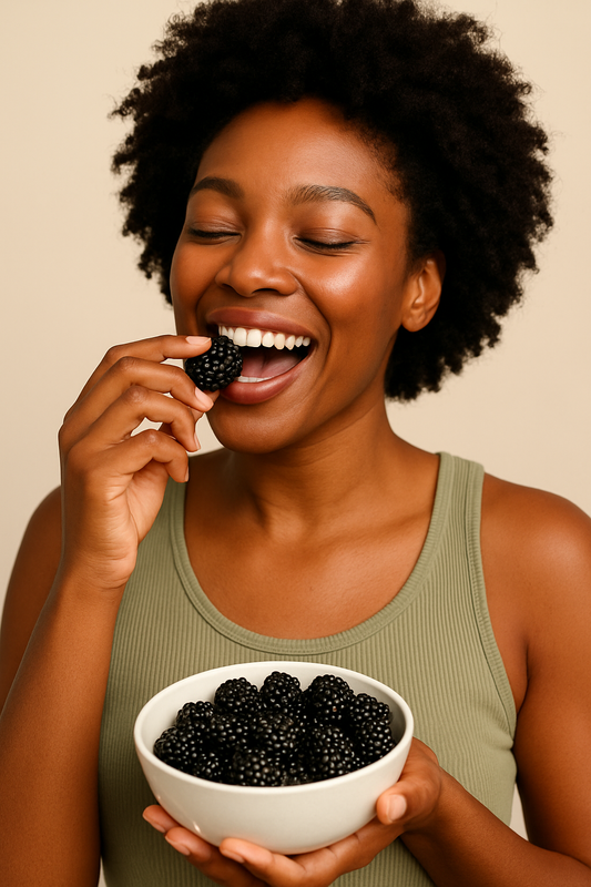 Woman holding a bowl of blackberries while eating one